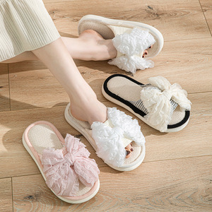 Bow Knotted Open Polyester <b>Slippers</b> for Women Indoor Summer Home Breathable Fashionable Soft Sole Adult Size Standard Thickness - Product Image 1