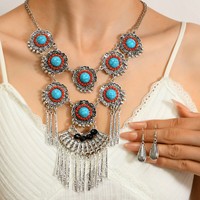 Parure de bijoux unisexe Ganyuan tendance en alliage, style rétro, avec pendentif à pampilles et chaîne de pull (Collier/Boucles d'oreilles/Bracelet)