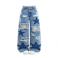 Jeans d'hiver déchirés coupe droite ample avec patch étoile Y2K personnalisé pour hommes et femmes, style Hip Hop Streetwear, denim vintage délavé 100%