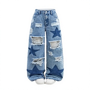 Jeans baggy à jambe droite personnalisés Y2K avec patch étoile, effet vieilli, pour hommes et femmes, style hip-hop streetwear, denim vintage délavé, vente en gros - Product Image 1