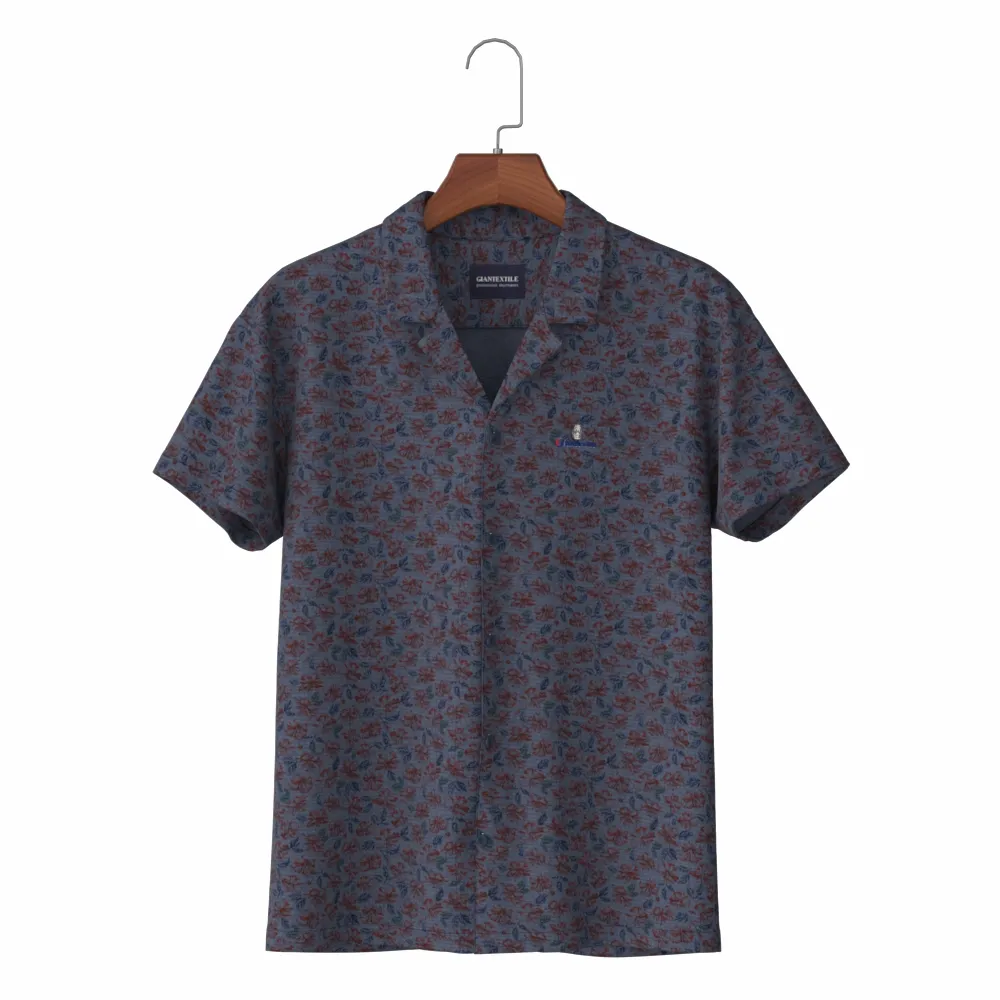 Short Sleeve Printed Yarn Dyed chambray Hawaiian Men's Shirt with Pure Cotton Aloha Shirt