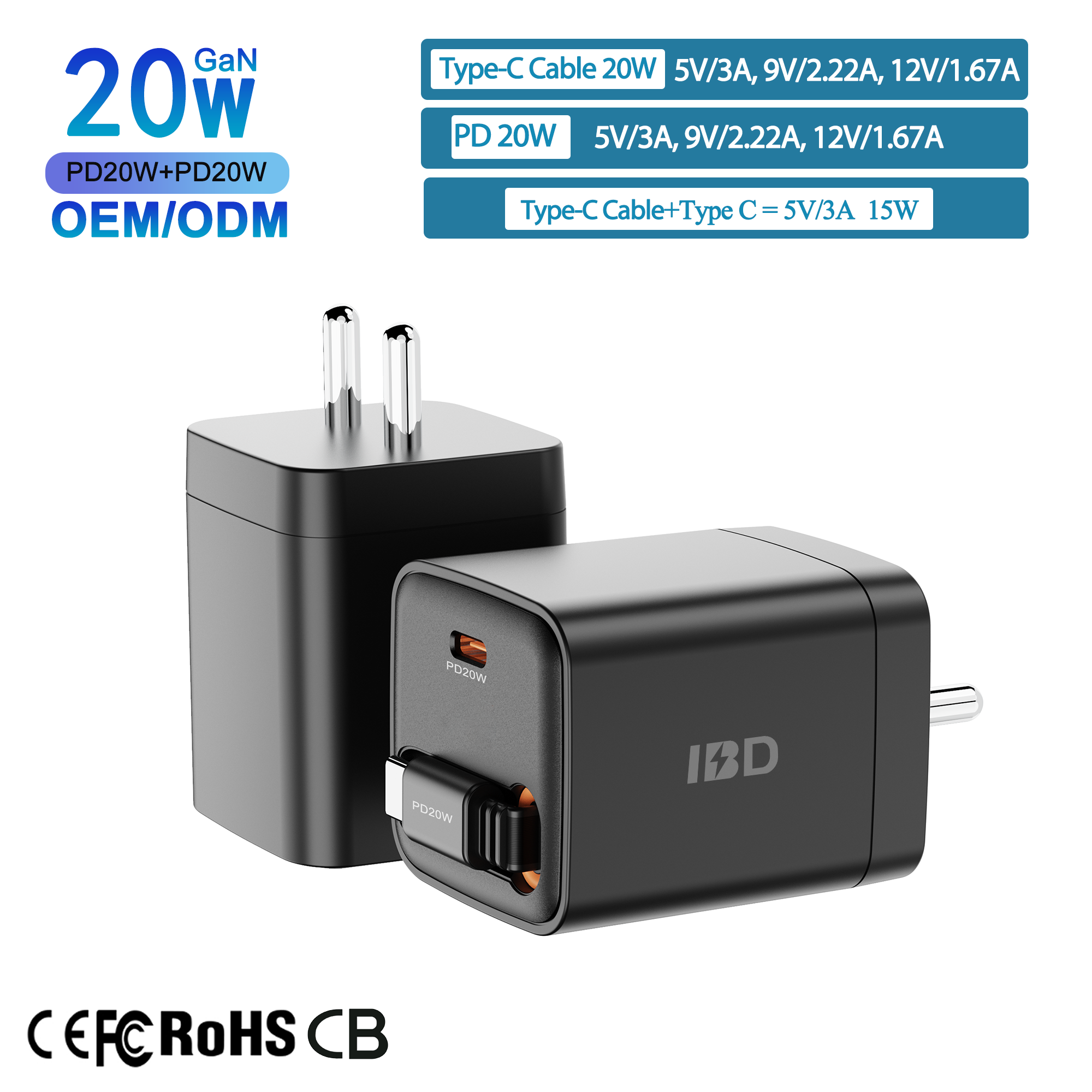 Cargador Rápido de 20W 2C con Enchufe Indio