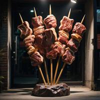 Géant avec brochettes en bois Brochettes de viande grillée surdimensionnées Façades de boutiques de barbecue durables Sculpture de signalisation de restaurant