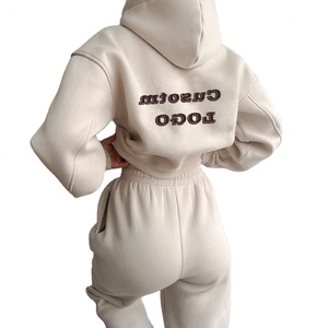 New Arrival Street Wear Custom Patch <b>Embroidery</b> Washed Cropped Oversized Distressed Zip up Hoodie <b>Set</b> Joggers Womens - Product Image 3