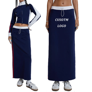 Custom Logo Women Sport Style Long <strong>Skirt</strong> Dress Cotton <strong>Jersey</strong> Knitted Side Striped <strong>Maxi</strong> <strong>Skirt</strong> Navy Sporty Midi <strong>Skirt</strong> - Product Image 6