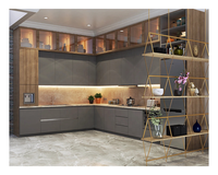 Armoire de cuisine haut de gamme en mélamine imitation bois, panneau mural, quincaillerie dorée, armoire de cuisine intelligente