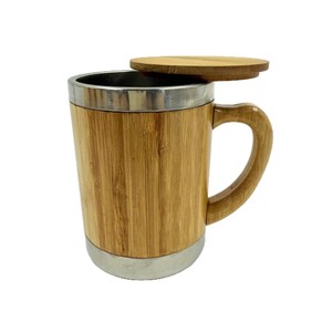 แก้วกาแฟสแตนเลสสองชั้นหุ้มไม้ไผ่ พร้อมหูจับและฝาปิด สำหรับเดินทาง - Product Image 2