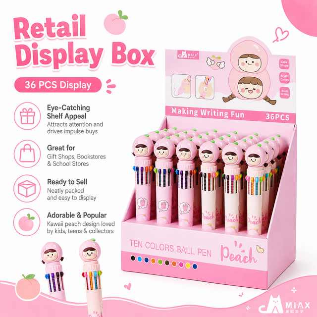 Cute Peach 10 Color Ballpoint Pen Kawaii Design Click Switch Smooth Writing for School Kids Students Gift