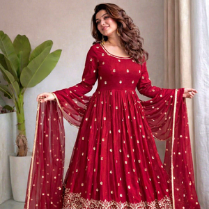 Robe Anarkali brodée rouge à manches longues avec dupatta, tenue indienne pakistanaise pour fête et mariage - Product Image 1