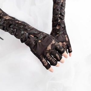 Gants mi-doigts sexy en dentelle florale pour femmes, longueur coude, avec liens en ruban noir, pour soirée dansante, mitaines en résille sans doigts - Product Image 3