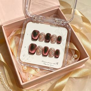 <span class=keywords><strong>Uñas</strong></span> postizas acrílicas francesas hechas a mano con pegamento, diseño ojo de gato brillante en rojo <span class=keywords><strong>vino</strong></span> para fiestas. - Product Image 2