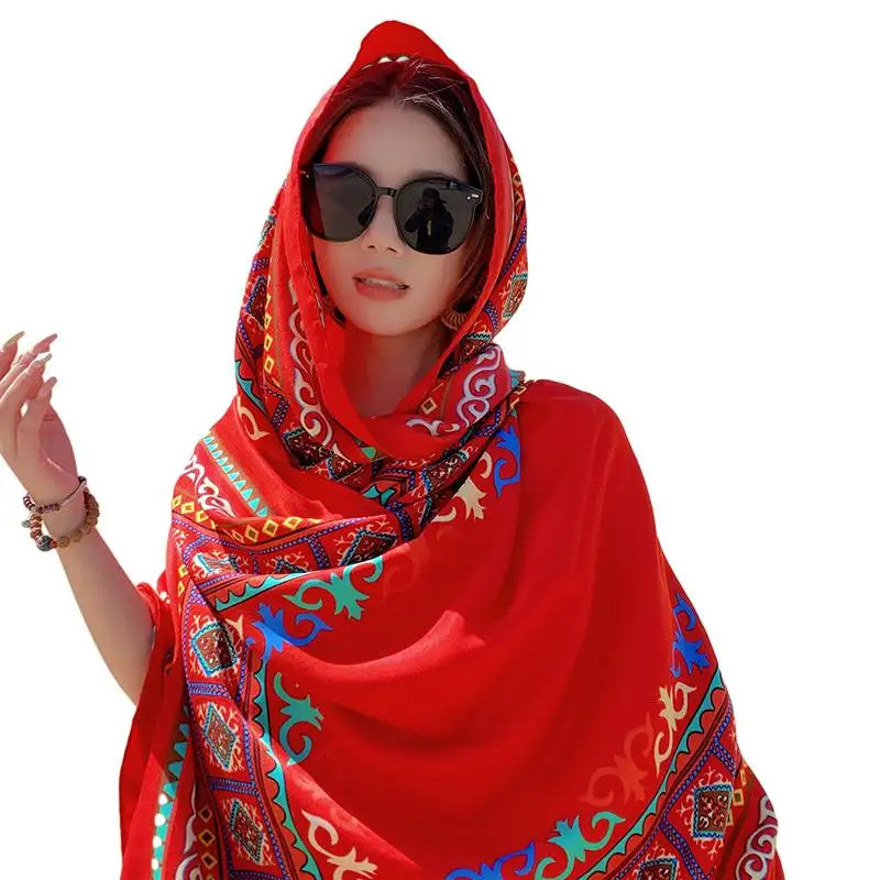 National Style Luxury Scarf Soft Pattern Printed Wide Cotton Linen Shawls Stylish Floral Design for Women with Silk Material