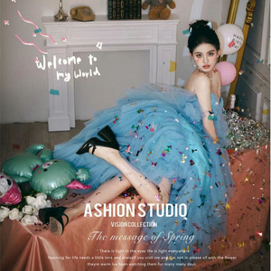 Strapless Blue Tulle Ball Gown Wedding Dress Princess Waistline Indoor Photography Clothing Candy Color Women's Dress - Product Image 5