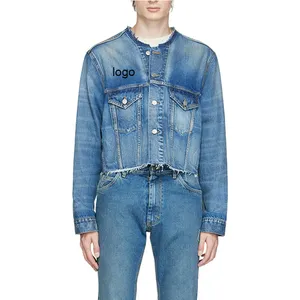 新款设计师男女通用嘻哈街头风格男士100% 棉蓝色水洗撕裂休闲合身牛仔夹克