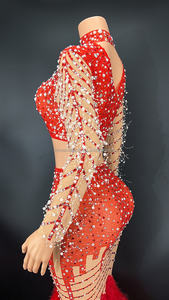 ชุดเสื้อผ้าผู้หญิงสไตล์เกาหลี ฤดูร้อน สีแดง ชุดเซ็ต <span class=keywords><strong>2</strong></span> ชิ้น ชุดราตรีประดับเลื่อม ปี 2022 ประดับคริสตัล ไข่มุก ขนนก ชุดราตรีออกงาน - Product Image 6