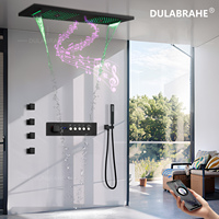 Douche de plafond à effet pluie noir mat moderne avec LED et musique, ensemble de douche 36*12 pouces, système thermostatique numérique intelligent pour salle de bain
