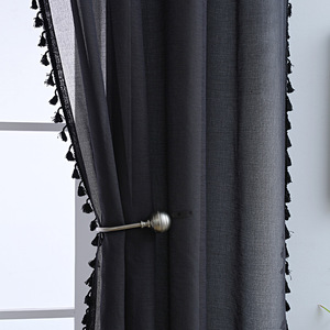 Rideaux en tulle noir modernes, imitation lin, rideaux transparents pour fenêtres avec franges, 100% polyester, personnalisables, ignifuges, occultants - Product Image 2