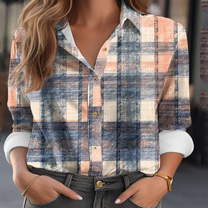 <span class=keywords><strong>Camisa</strong></span> de Manga Larga con Estampado a Cuadros Vintage para Mujer, 100% Poliéster - Product Image 1