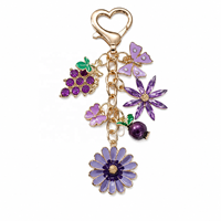 Porte-clés en émail violet avec breloque fleur de vigne et papillon, pendentif floral fruité, accessoire pour sac et voiture, cadeau