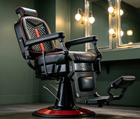 Fauteuils de barbier en cuir matelassé avec accents rouges rétro tendance, robustes, avec repose-pieds hydraulique réglable, chaise de coiffure pour salon