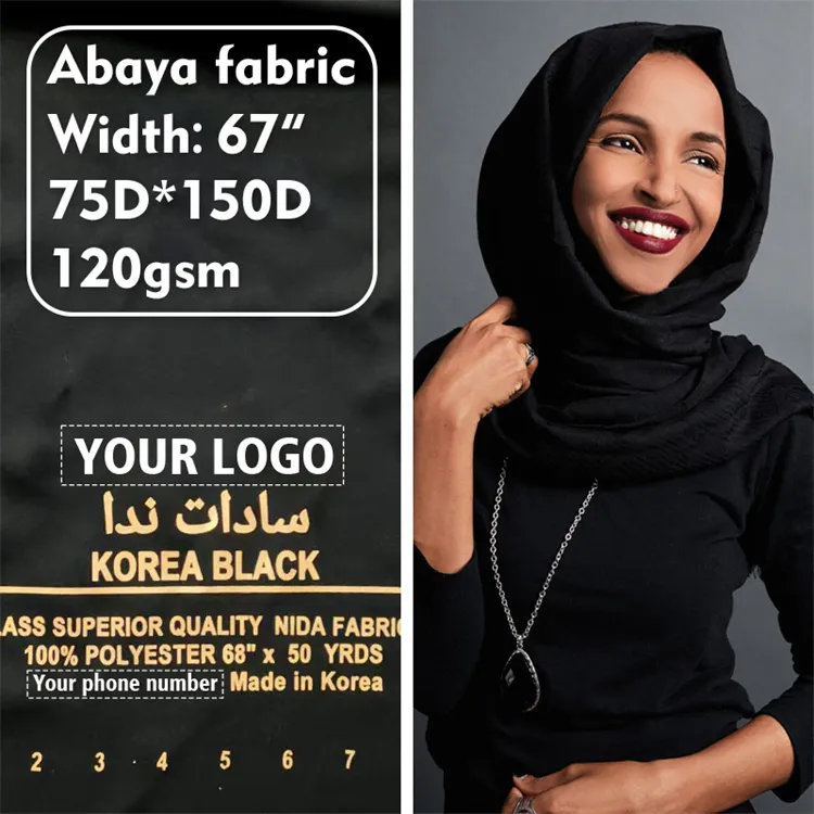 Großhandel islamisches zoom-material dubai hohe qualität schwarz koreanisch polyester krepp weich nida fursan abaya textildruck für damen