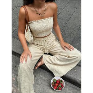 FOXA Women's 2 Piece <b>Linen</b> Set Ruffle Trim Tube <b>Top</b> Wide Leg Pants Breathable Vacation Outfit - Product Image 4