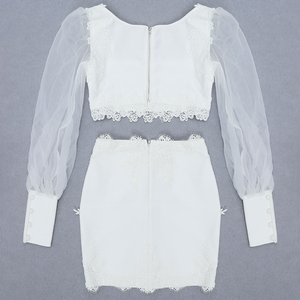 2021 nuovo arrivo Sexy in <span class=keywords><strong>pizzo</strong></span> a <span class=keywords><strong>maniche</strong></span> <span class=keywords><strong>lunghe</strong></span> in Mesh due pezzi Set da sera da cena da donna abiti aderenti fasciati - Product Image 5