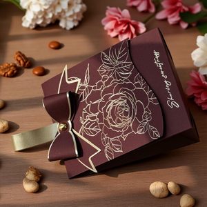 Boîte à bonbons élégante avec motif de rose et nœud, boîte à bonbons portable, boîte cadeau pour fête de fin d'année, bonbonnière (Bourgogne) - Product Image 3