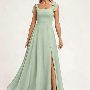 Vestidos <span class=keywords><strong>de</strong></span> <span class=keywords><strong>Dama</strong></span> <span class=keywords><strong>de</strong></span> <span class=keywords><strong>Honor</strong></span> Largos Personalizados en Tallas Grandes, Cuello Cuadrado, Tirantes con Lazo, Chifón, Corte en A - Product Image 3