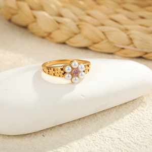 Anelli Trendy con Perle e Zirconi a Forma di Fiore e <span class=keywords><strong>Cuore</strong></span>, Anelli Aperti in Acciaio Inossidabile Placcato Oro per Donne, Gioielli Raffinati da Regalo per Ragazze - Product Image 5