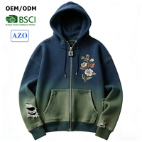Sweat à capuche personnalisé ODM brodé effet vieilli motif floral coloré 100 % coton avec fermeture éclair métallique et bordure en tricot côtelé effiloché