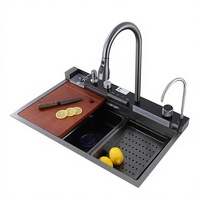 Évier de cuisine multifonctionnel de luxe en acier inoxydable avec affichage numérique, grand évier simple, effet cascade de pluie, marque Whale