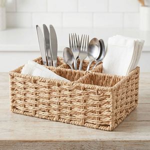 Woven Storage Basket Multi Compartment Cutlery Organizer Rectangle Handmade Straw Office <b>Desk</b> Cabinet Organizer <b>Rustic</b> Style - Product Image 1