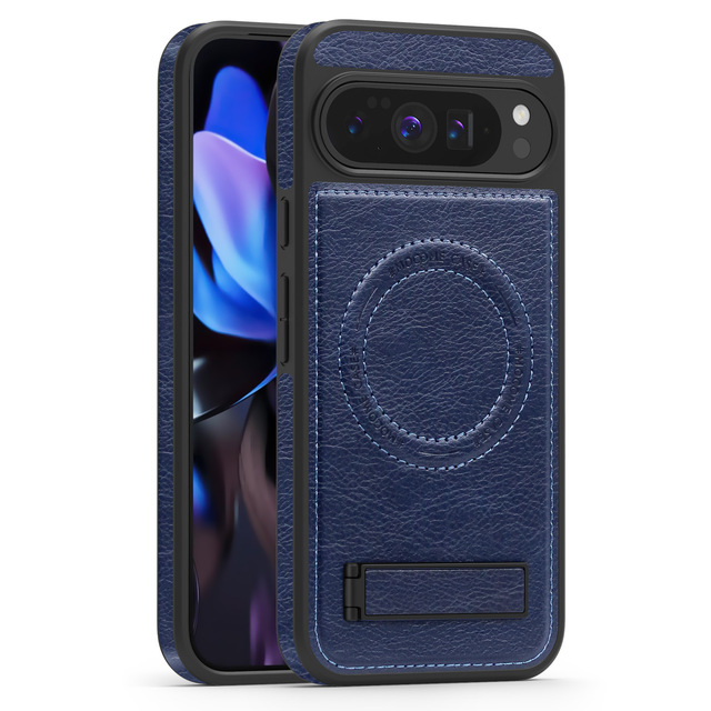 Luxury Wireless Charging Magnetic Leather Back Mobile Phone Case with Aluminum Grip Stand for Google 10A 10 Pro XL 10 Pro Fold
