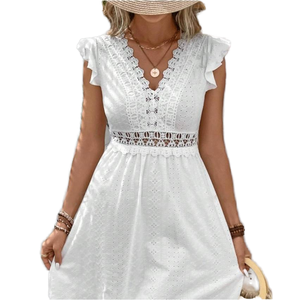 Vestido Mini Blanco con Cuello en V, Mangas con Volantes, Corte en A, con Bordado de Encaje, Estilo Boho, Veraniego, Casual, Holgado, Tejido Transpirable - Product Image 1