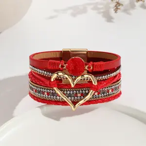 Bohemian New Magnetic Clasp Raw Crystal Big Heart Bracelet Women Multilayer Wide Leather Wrap Bracelets Bangles