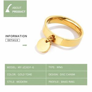 Gold Tone Disc <b>Charm</b> Ring Polished Wide Band with Round Dangle Pendant Minimal Statement Jewelry - Product Image 2