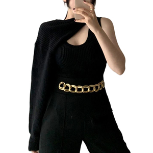 Maglione da <span class=keywords><strong>donna</strong></span> lavorato a maglia, stile coreano personalizzato, sexy, scollato, girocollo, casual da strada, traforato, a righe, con collo all'americana, spesso - Product Image 6