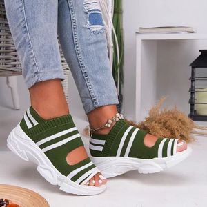 Sandalias deportivas informales de verano con plataforma y punta abierta para mujer, parte superior de punto a rayas, suela gruesa, calzado para caminar en la playa - Product Image 3