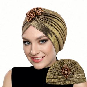 Venta al por mayor de turbantes para mujer con accesorios metálicos, sombrero indio de poliéster sólido, de lujo, transpirable, étnico, musulmán, para uso diario. - Product Image 6