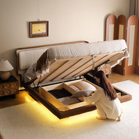 Eschenholz Hochbett mit Stauraum, Schlafzimmer, Hochwertig, Elegant, Neuer Mittelalterlicher Stil, Stoffbezug, Anpassbares Bett