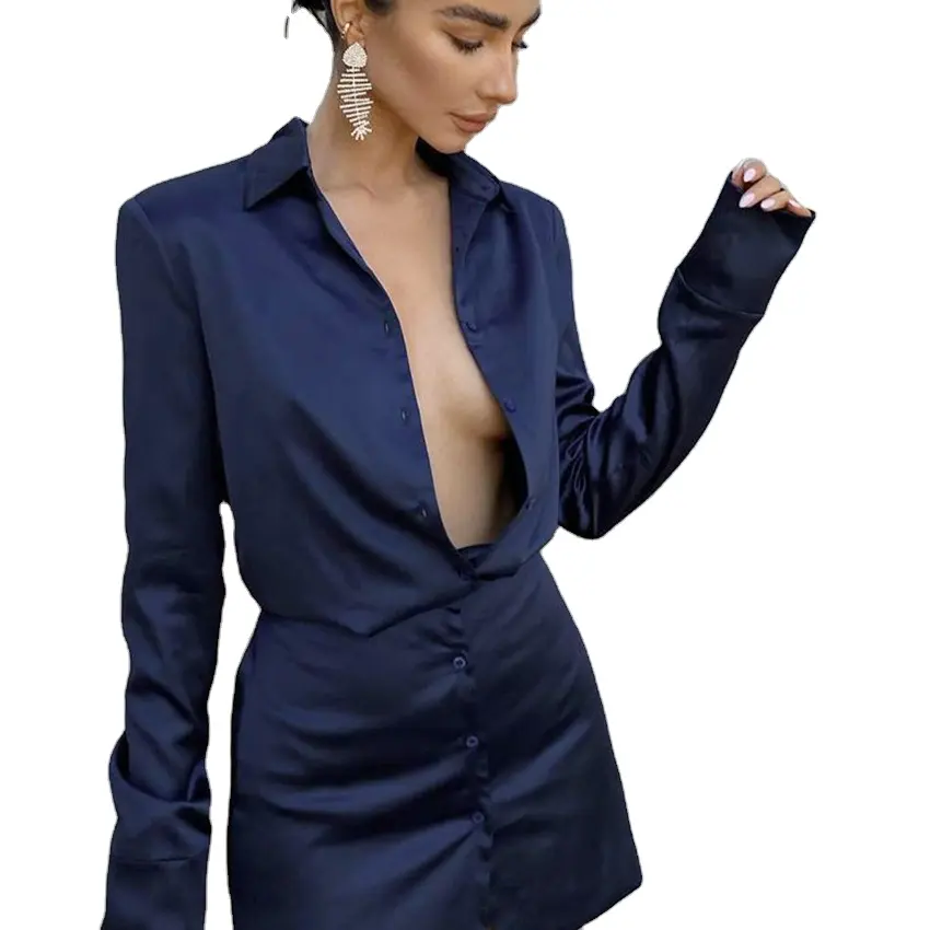 2022 Spring Fashion Dress Lady Trendy Slim Blue Satin Mini Shirt Dress Women Long Sleeve Elegant Casual Dresses