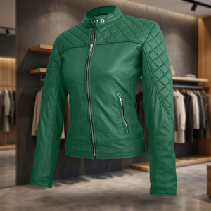 Veste en cuir véritable vert pour femmes grandes tailles, style racer, col montant matelassé, fermeture éclair - Product Image 3