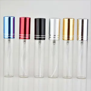 Garrafa de tubo de vidro cosmética reutilizável, garrafa de perfume em spray com várias cores, tampa de alumínio