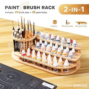 Support de rangement pour pinceaux en bois avec porte-bouteille, organisateur de bureau pour fournitures artistiques, présentoir multi-niveaux en bois massif - Product Image 2