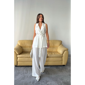 Ensemble gilet et pantalon en lin blanc pour femme, taille S, tenue décontractée d'été, pantalon à jambes larges avec ceinture - Product Image 2