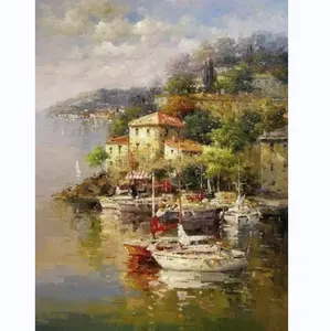 100% Hand Painted Oil Painting on Canvas Wall Art,Mediterranean Sea Resort Town Island Boat Ship Seascape