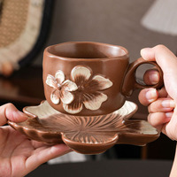 Tasse à café et soucoupe en céramique vintage à effet de four, motif floral, pour le thé de l'après-midi, exquise, gaufrée, façonnée à la main, irrégulière