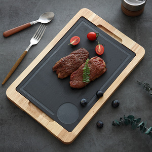 Japanese Style Stone Steak <b>Plate</b> Rectangle <b>Black</b> Slate Solid Wood Tray Durable Home Use Party Serving Board - Product Image 1
