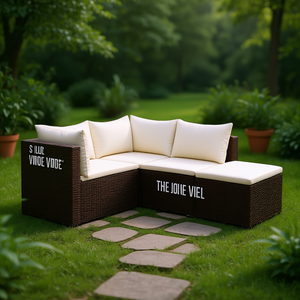 Brown Rattan Corner <b>Sofa</b> <b>Set</b> With Cream Cushions For Garden Outdoor Furniture Contemporary Design UV Resistant PE Material - Product Image 2